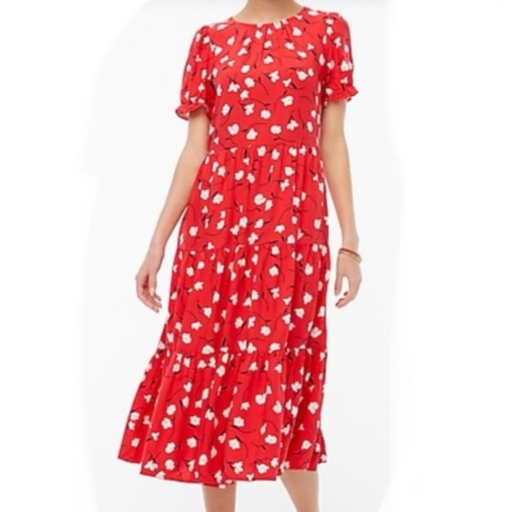 J. Crew | Womens Red/White Floral Tiered Short Puff Sleeve Crewneck Midi Dress S